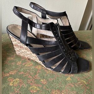 Aquatalia Black Leather Wedge Cage Sandals